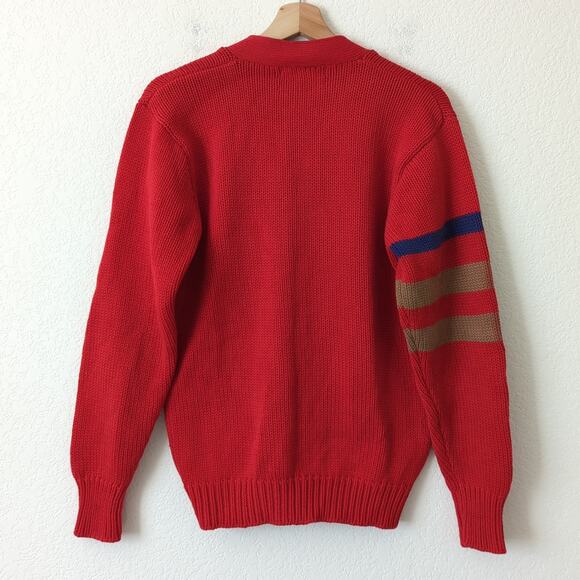 VTG Ralph Lauren Men's Red V-Neck Cardigan Sweater Varsity Stripe Shirt 90s M - Picture 2 of 6